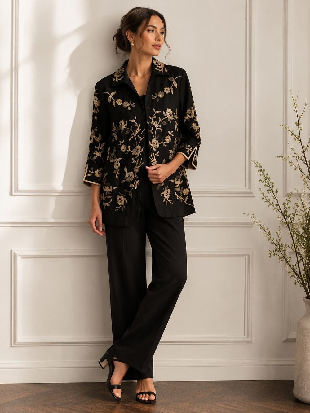 Coldwater Creek Silk Embroidered Jacket Black Gold Floral S
